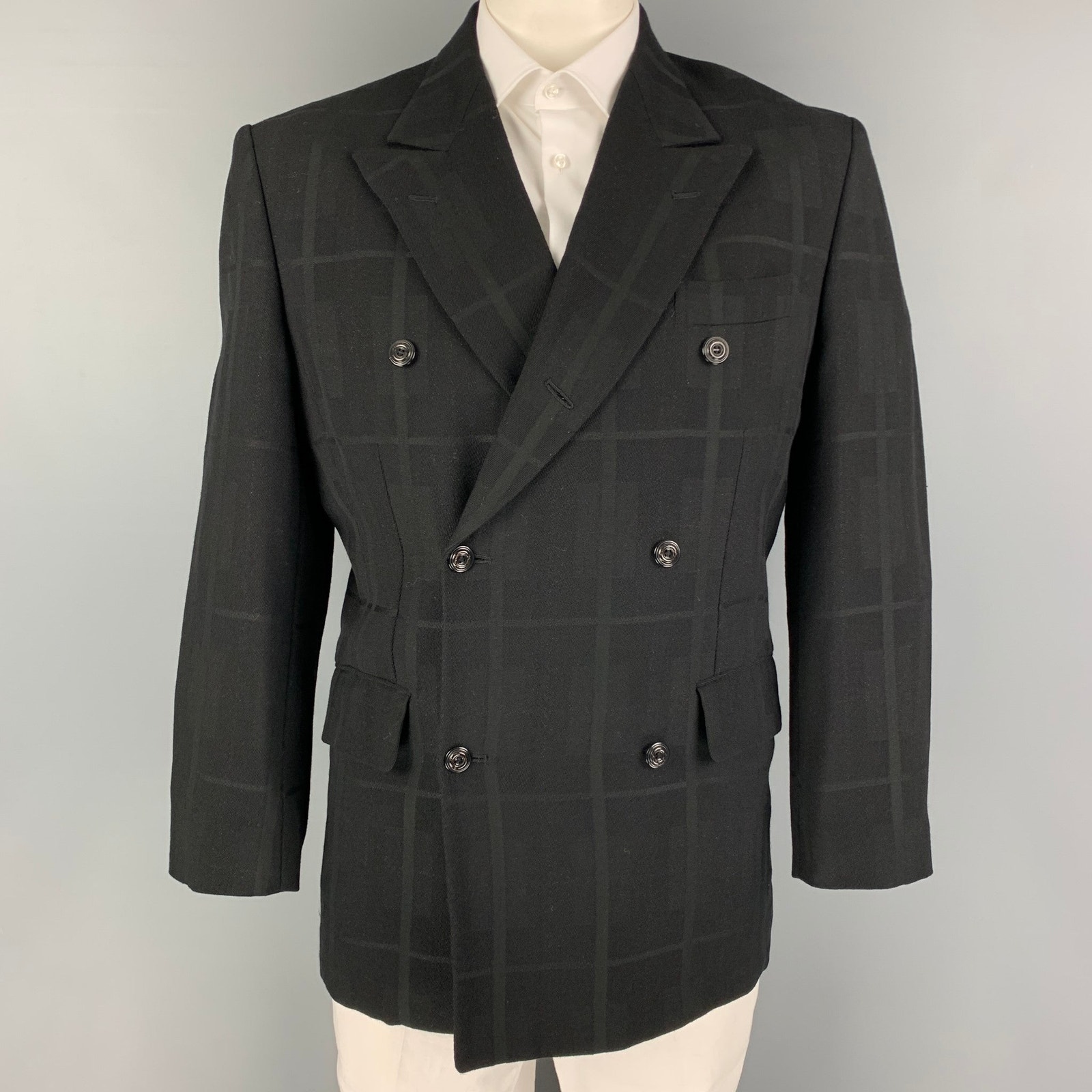 Monsieur Nicole Size M Black Silver Window Pane Double Breasted Sport Coat